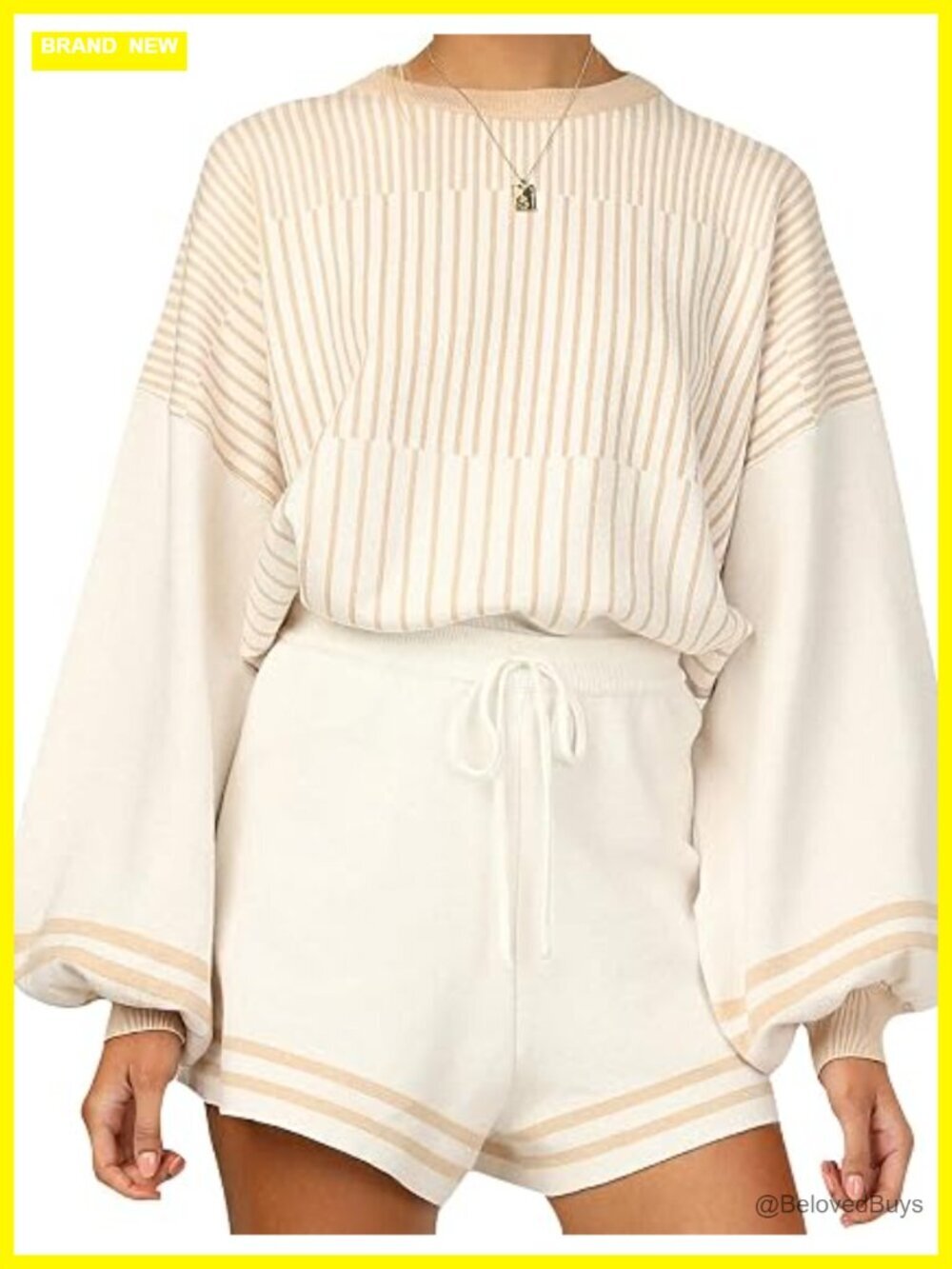 Striped Knit 2 Piece Outfits Crewneck Pullover Sweater Shorts Set Matching